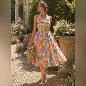 Vintage Mia Floral Fit & Flare Dress Pleated Sleeveless Summer Cottagecore